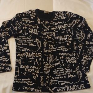 Men's Black Long Sleeve Long Underwear Top with White French Text - Size L